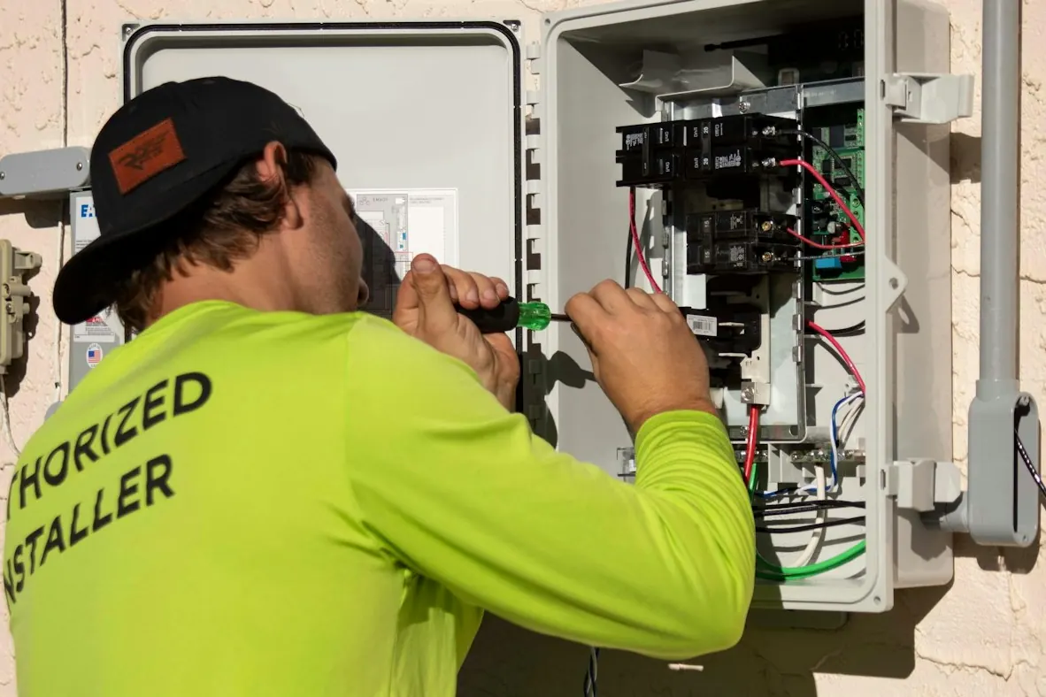 Technicien contrôlant un coffret électrique